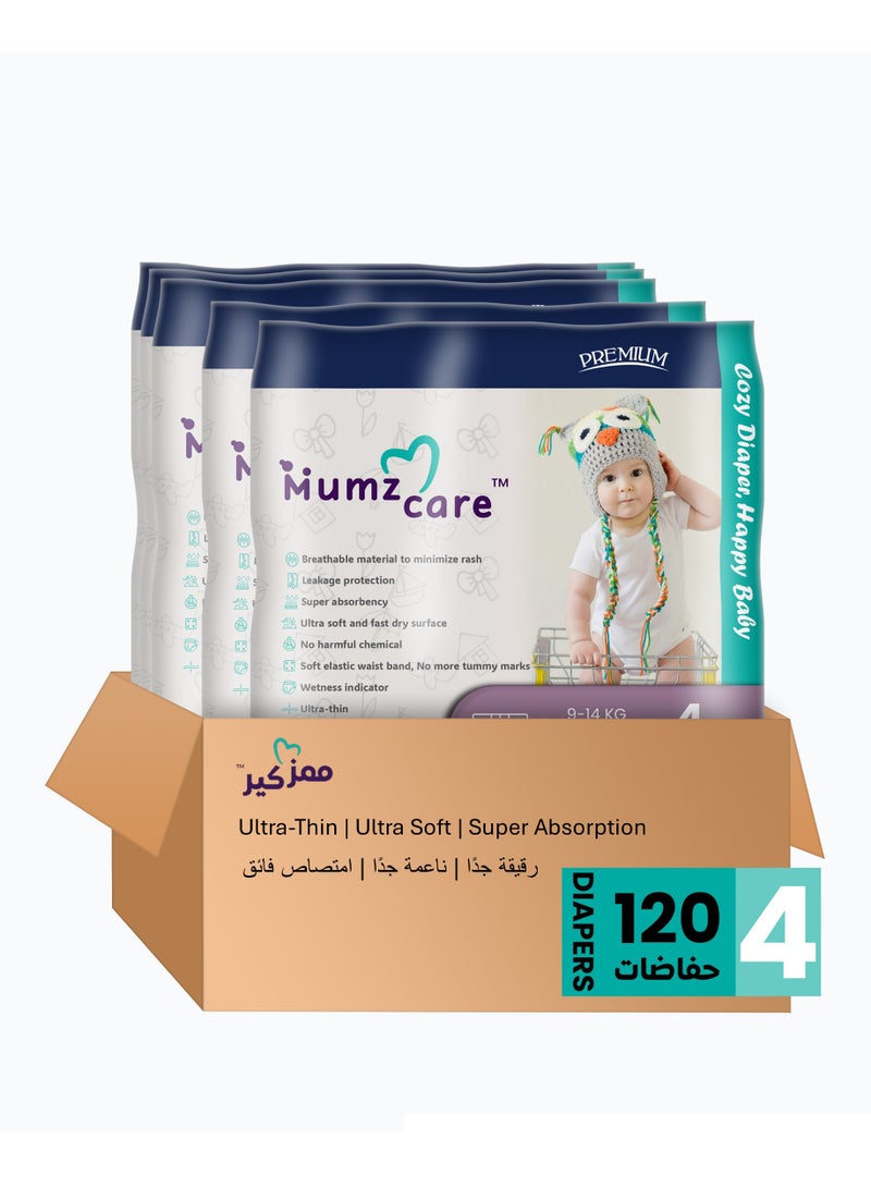 Mumz Care Baby Diapers, Ultra-Thin with Super Absorbency, Size 4, 9-14 Kg, 5 Pack & 120 Diapers.
