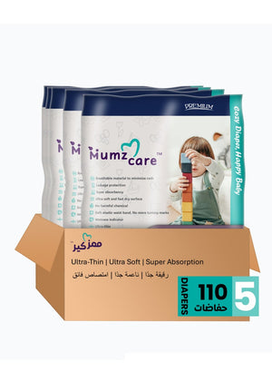 Mumz Care Baby Diapers, Ultra-Thin with Super Absorbency, Size 5, 12-18 Kg, 5 Pack & 110 Diapers.