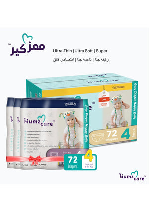 Mumz Care Baby Diapers, Ultra-Thin with Super Absorbency, Size 4, 9-14 Kg, 3 Pack & 72 Diapers.