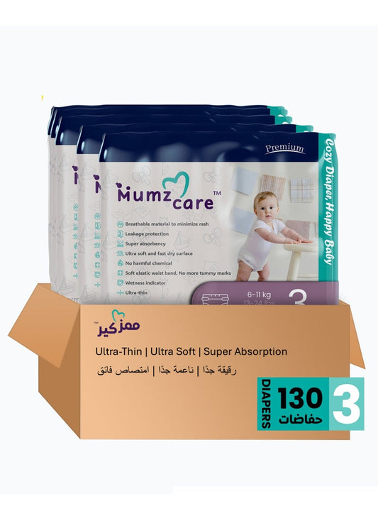 Mumz Care Baby Diapers, Ultra-Thin with Super Absorbency, Size 3, 6-11 Kg, 5 Pack & 130 Diapers.